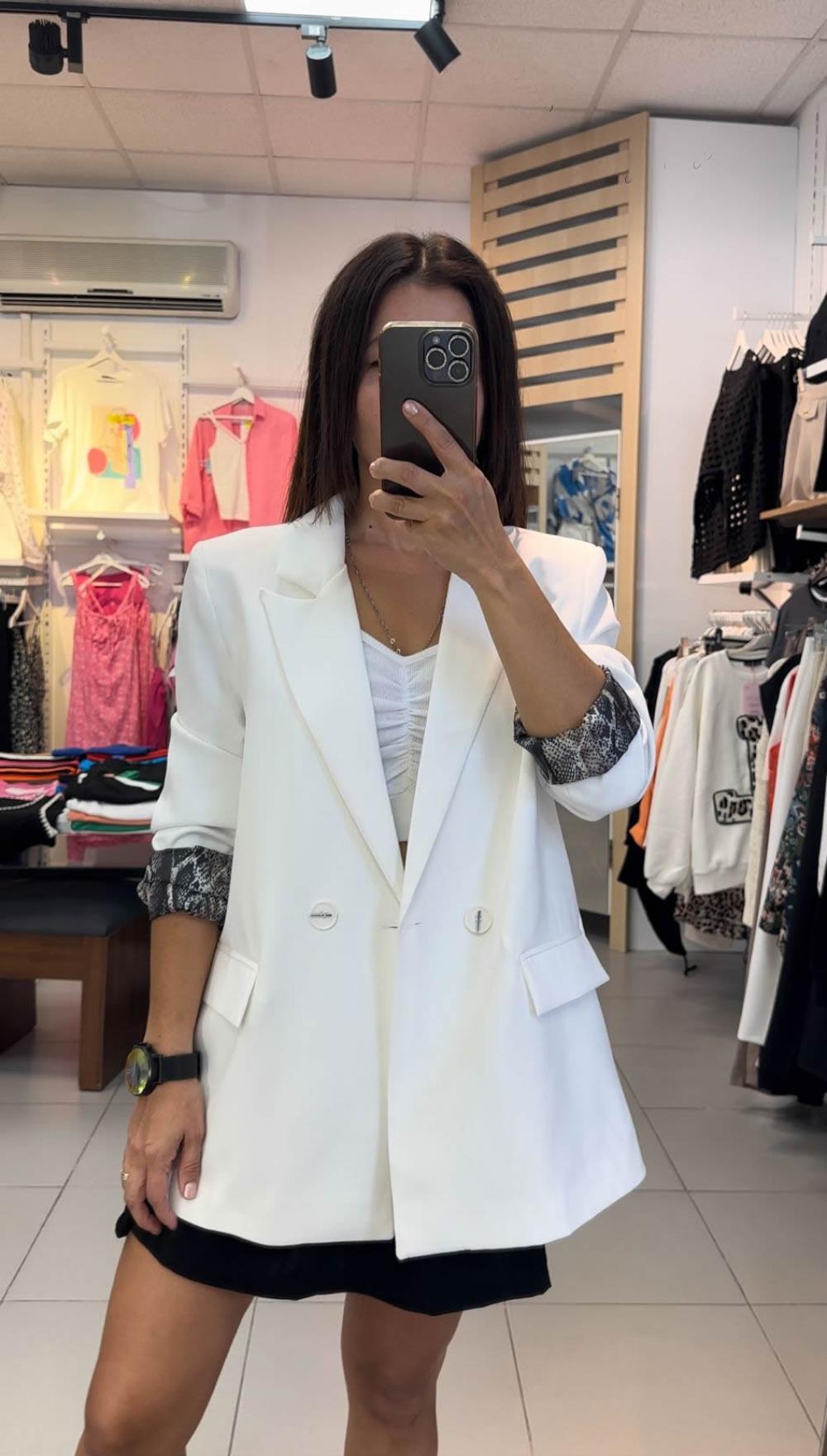 Blazer Oversize Beyaz Kol Detaylı Ceket