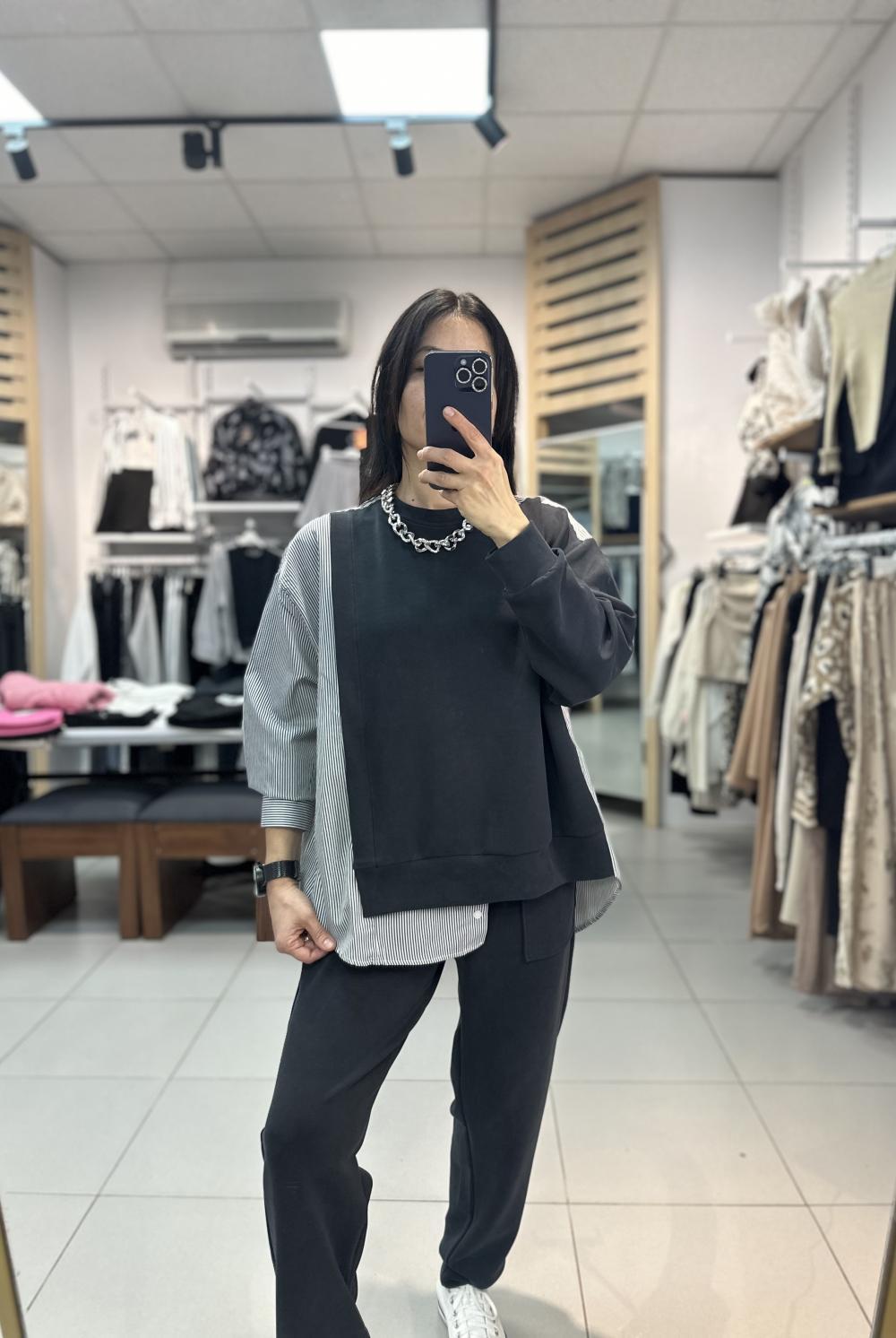 Füme Çizgili Gömlek Detaylı Sweatshirt